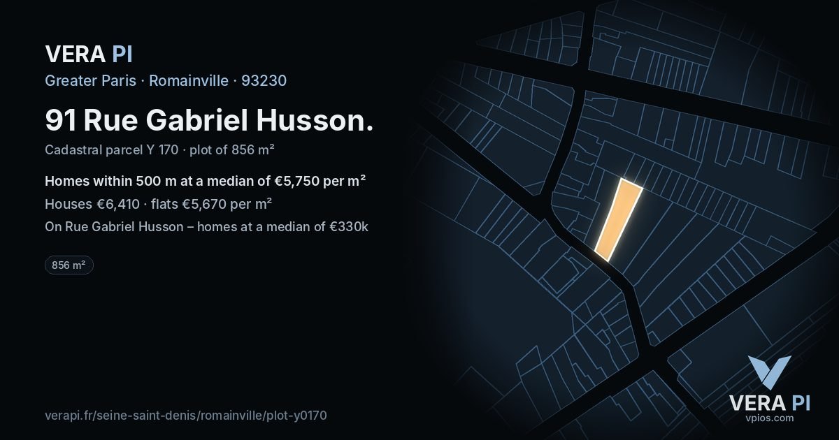 91 Rue Gabriel Husson, Romainville at night – the plot lit, the parcels around coloured by the prices near them
