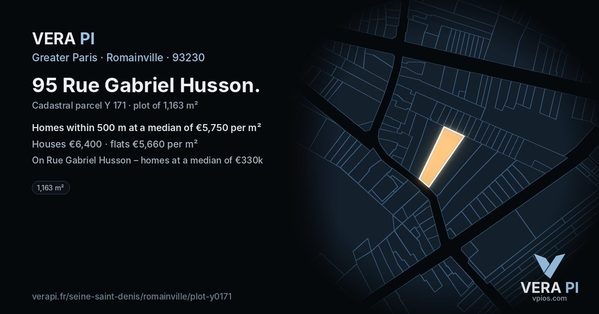 95 Rue Gabriel Husson, Romainville at night – the plot lit, the parcels around coloured by the prices near them