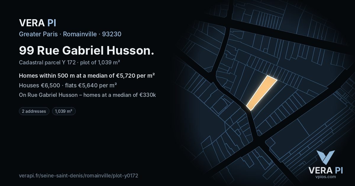 99 Rue Gabriel Husson, Romainville at night – the plot lit, the parcels around coloured by the prices near them