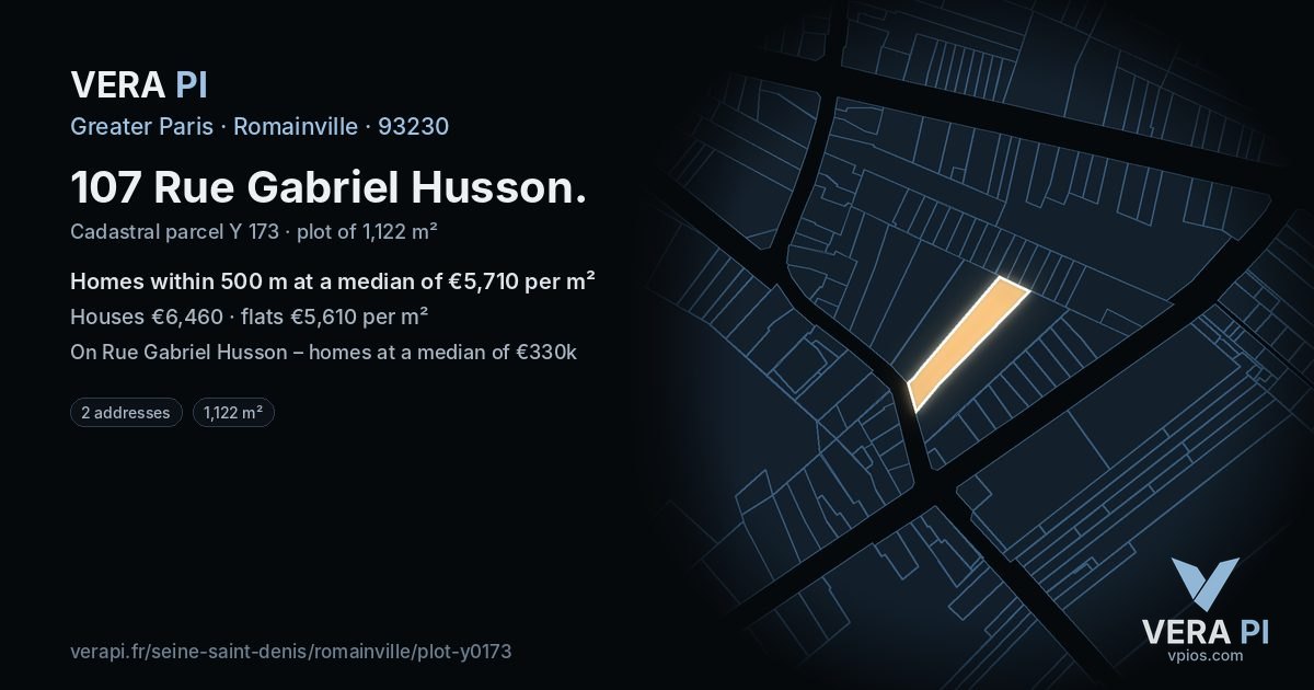 107 Rue Gabriel Husson, Romainville at night – the plot lit, the parcels around coloured by the prices near them