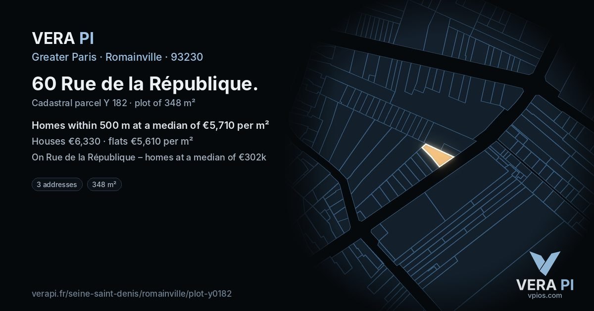 60 Rue de la République, Romainville at night – the plot lit, the parcels around coloured by the prices near them