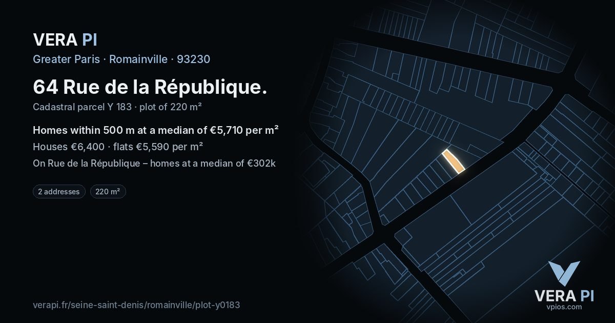 64 Rue de la République, Romainville at night – the plot lit, the parcels around coloured by the prices near them