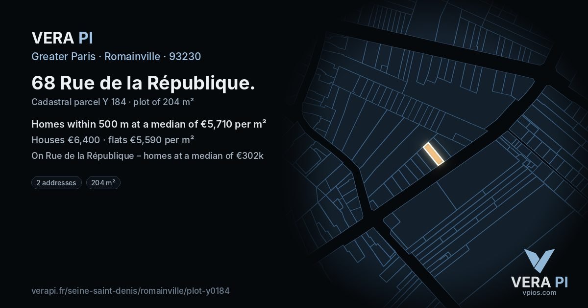 68 Rue de la République, Romainville at night – the plot lit, the parcels around coloured by the prices near them