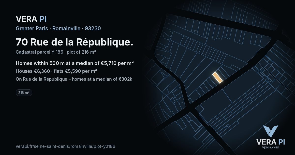70 Rue de la République, Romainville at night – the plot lit, the parcels around coloured by the prices near them