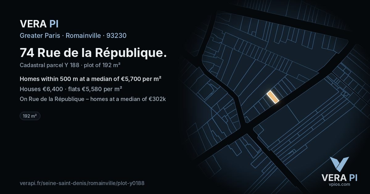 74 Rue de la République, Romainville at night – the plot lit, the parcels around coloured by the prices near them