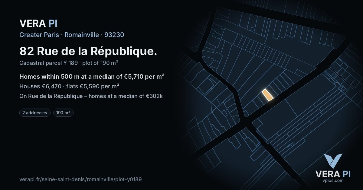 82 Rue de la République, Romainville at night – the plot lit, the parcels around coloured by the prices near them
