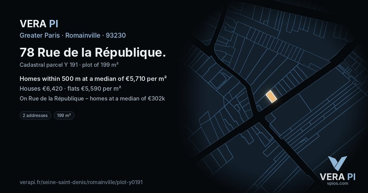 78 Rue de la République, Romainville at night – the plot lit, the parcels around coloured by the prices near them