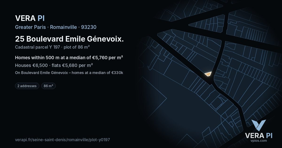 25 Boulevard Emile Génevoix, Romainville at night – the plot lit, the parcels around coloured by the prices near them