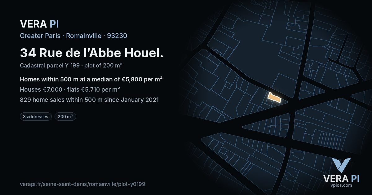 34 Rue de l’Abbe Houel, Romainville at night – the plot lit, the parcels around coloured by the prices near them