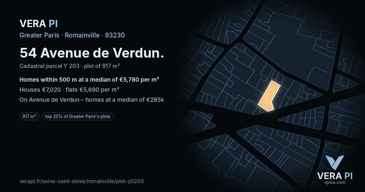 54 Avenue de Verdun, Romainville at night – the plot lit, the parcels around coloured by the prices near them