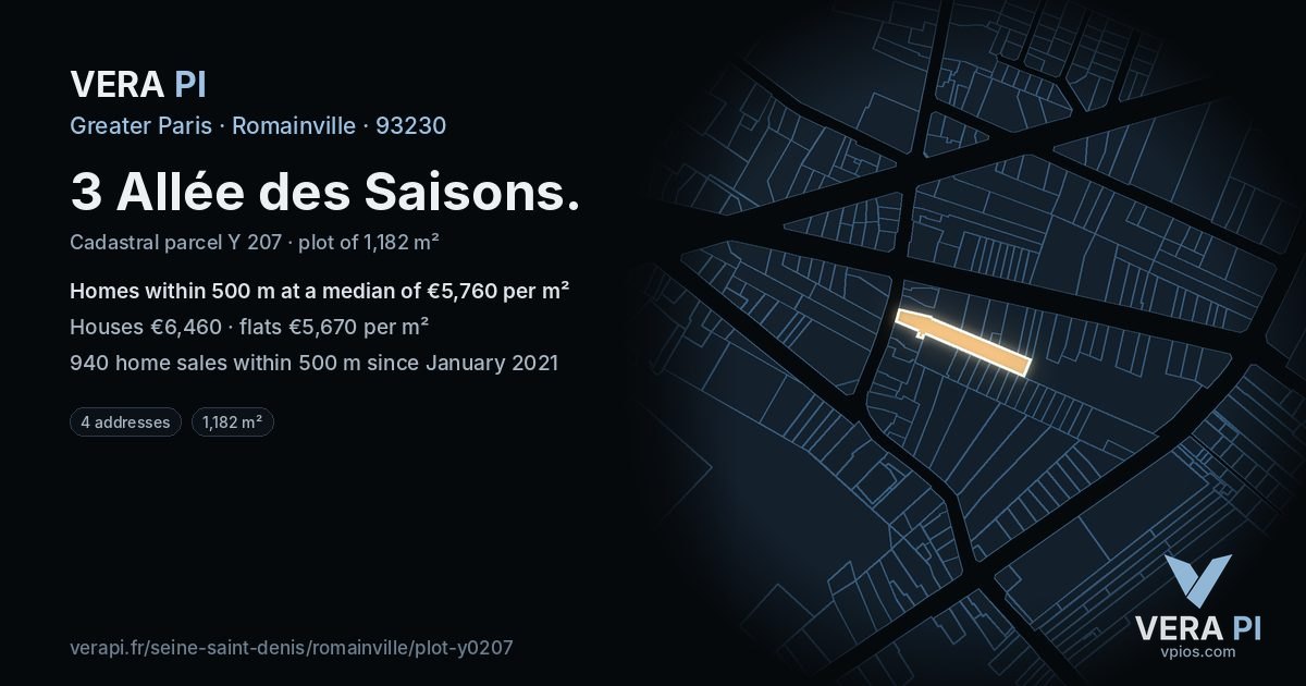 3 Allée des Saisons, Romainville at night – the plot lit, the parcels around coloured by the prices near them