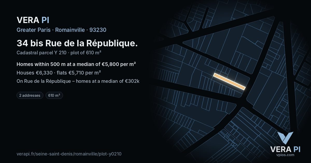 34 bis Rue de la République, Romainville at night – the plot lit, the parcels around coloured by the prices near them