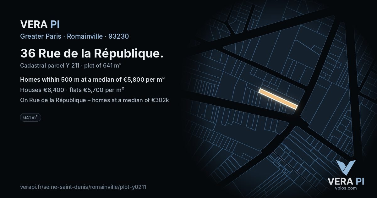 36 Rue de la République, Romainville at night – the plot lit, the parcels around coloured by the prices near them