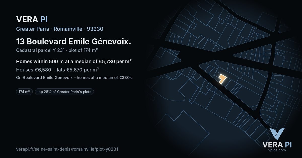 13 Boulevard Emile Génevoix, Romainville at night – the plot lit, the parcels around coloured by the prices near them