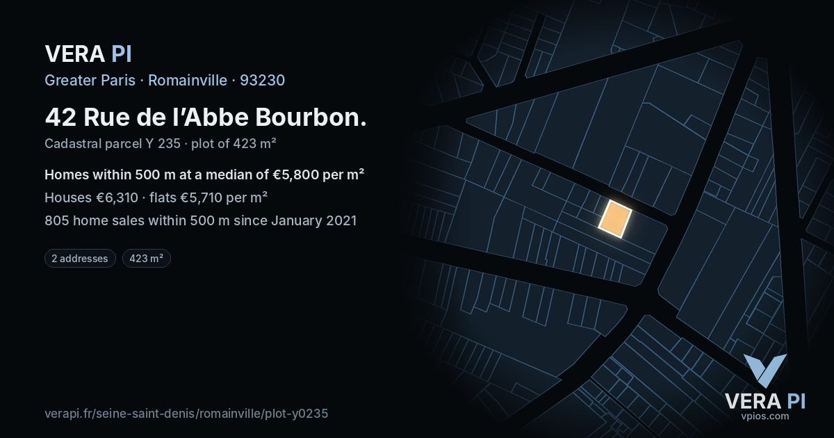 42 Rue de l’Abbe Bourbon, Romainville at night – the plot lit, the parcels around coloured by the prices near them