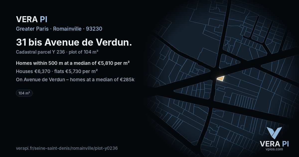 31 bis Avenue de Verdun, Romainville at night – the plot lit, the parcels around coloured by the prices near them