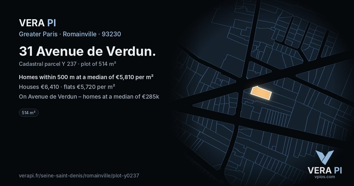 31 Avenue de Verdun, Romainville at night – the plot lit, the parcels around coloured by the prices near them