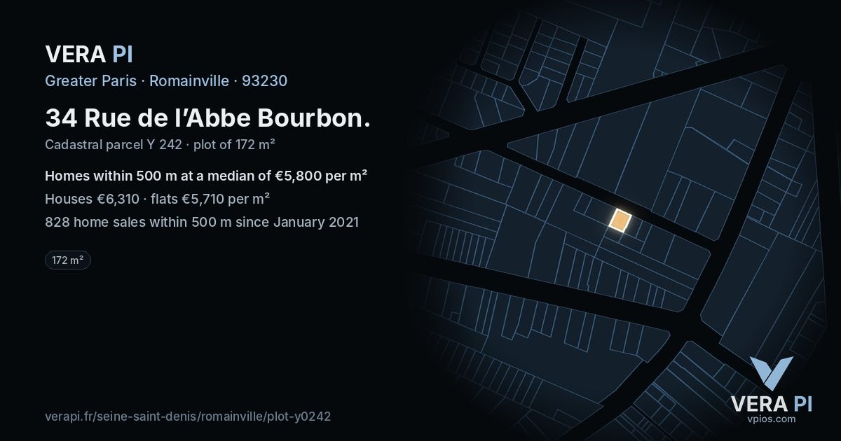 34 Rue de l’Abbe Bourbon, Romainville at night – the plot lit, the parcels around coloured by the prices near them