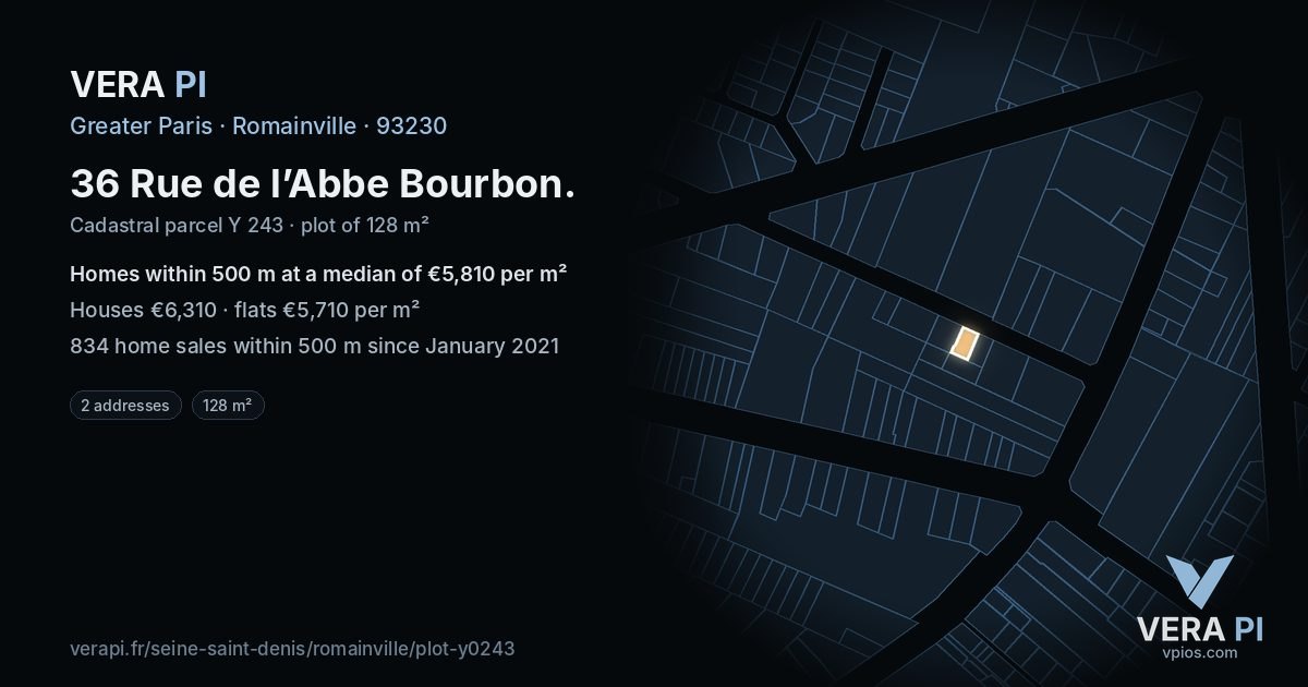 36 Rue de l’Abbe Bourbon, Romainville at night – the plot lit, the parcels around coloured by the prices near them