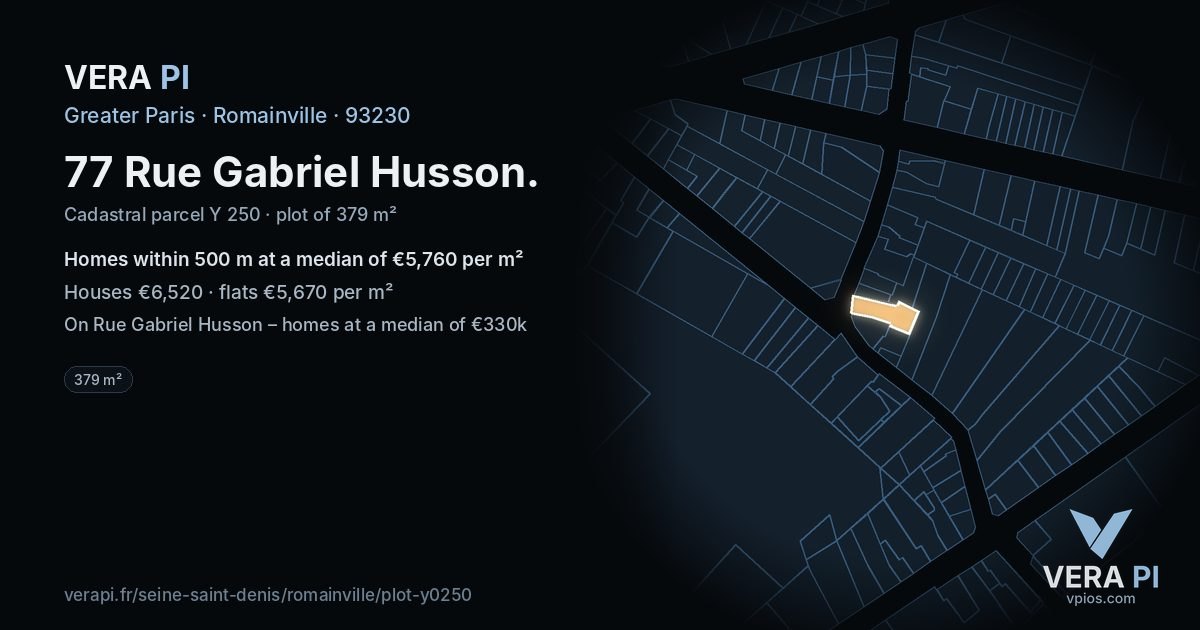 77 Rue Gabriel Husson, Romainville at night – the plot lit, the parcels around coloured by the prices near them