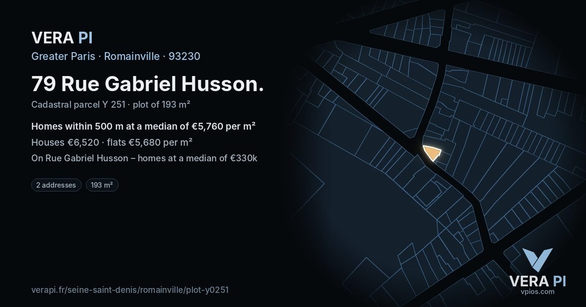 79 Rue Gabriel Husson, Romainville at night – the plot lit, the parcels around coloured by the prices near them