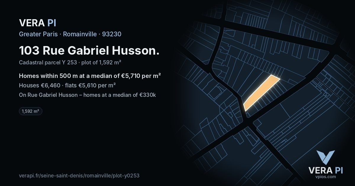 103 Rue Gabriel Husson, Romainville at night – the plot lit, the parcels around coloured by the prices near them