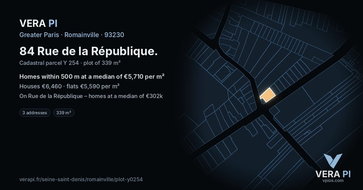 84 Rue de la République, Romainville at night – the plot lit, the parcels around coloured by the prices near them