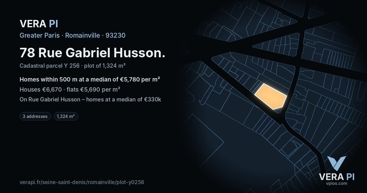 78 Rue Gabriel Husson, Romainville at night – the plot lit, the parcels around coloured by the prices near them