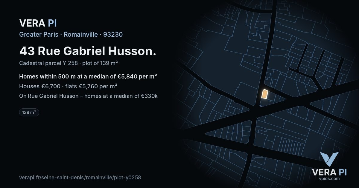 43 Rue Gabriel Husson, Romainville at night – the plot lit, the parcels around coloured by the prices near them