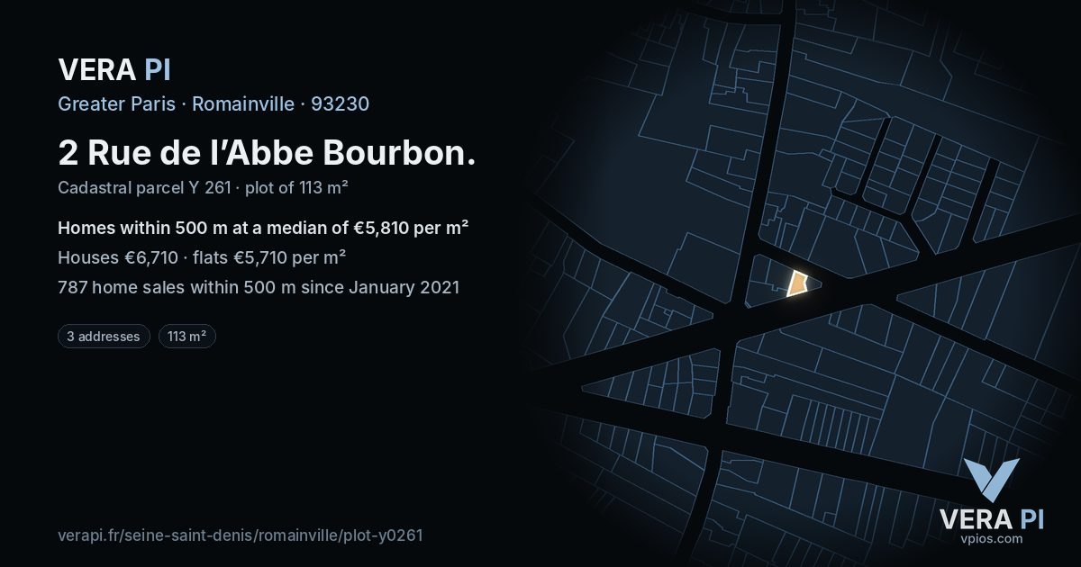 2 Rue de l’Abbe Bourbon, Romainville at night – the plot lit, the parcels around coloured by the prices near them