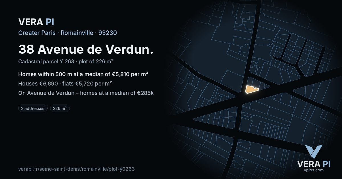38 Avenue de Verdun, Romainville at night – the plot lit, the parcels around coloured by the prices near them