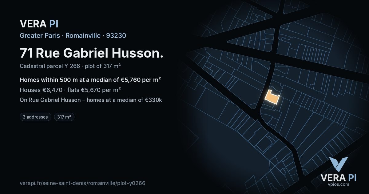 71 Rue Gabriel Husson, Romainville at night – the plot lit, the parcels around coloured by the prices near them