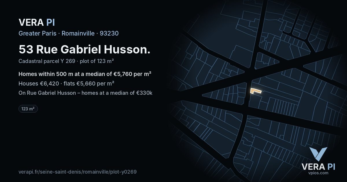 53 Rue Gabriel Husson, Romainville at night – the plot lit, the parcels around coloured by the prices near them