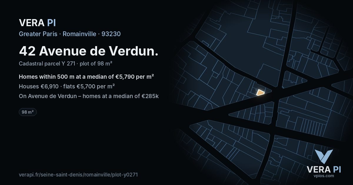 42 Avenue de Verdun, Romainville at night – the plot lit, the parcels around coloured by the prices near them