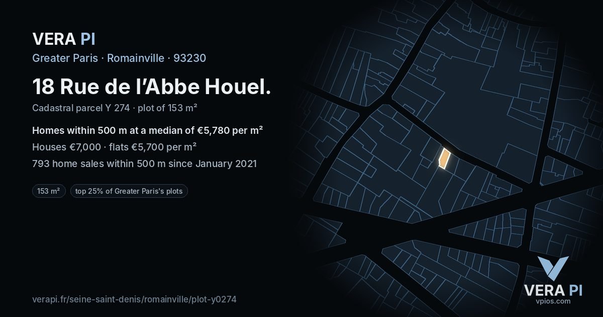 18 Rue de l’Abbe Houel, Romainville at night – the plot lit, the parcels around coloured by the prices near them
