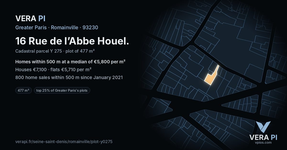 16 Rue de l’Abbe Houel, Romainville at night – the plot lit, the parcels around coloured by the prices near them