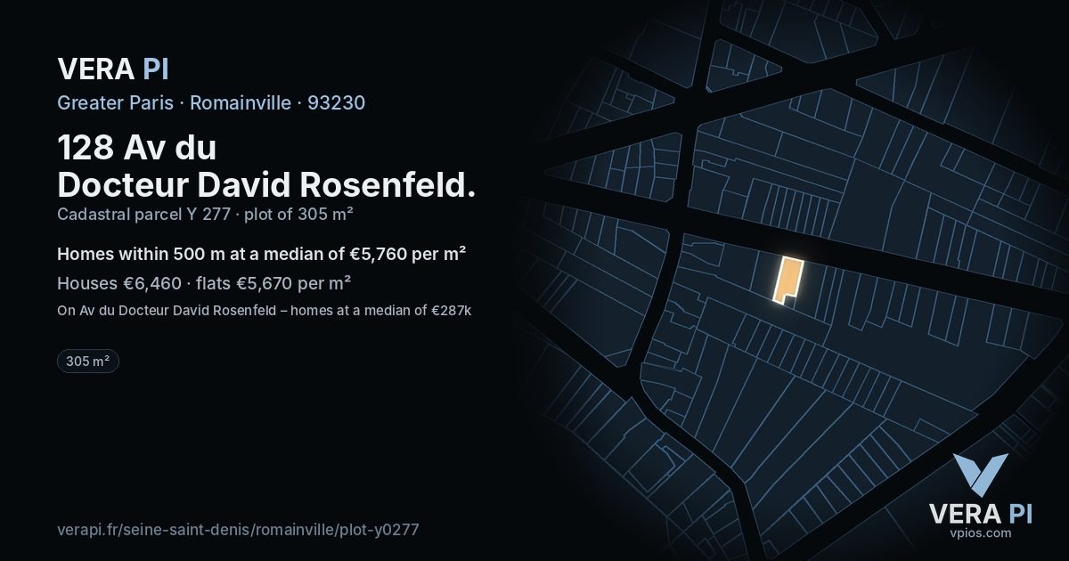 128 Av du Docteur David Rosenfeld, Romainville at night – the plot lit, the parcels around coloured by the prices near them