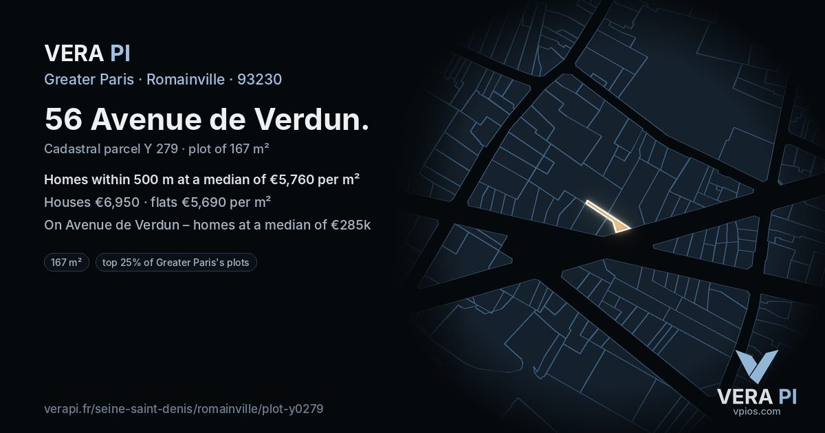 56 Avenue de Verdun, Romainville at night – the plot lit, the parcels around coloured by the prices near them