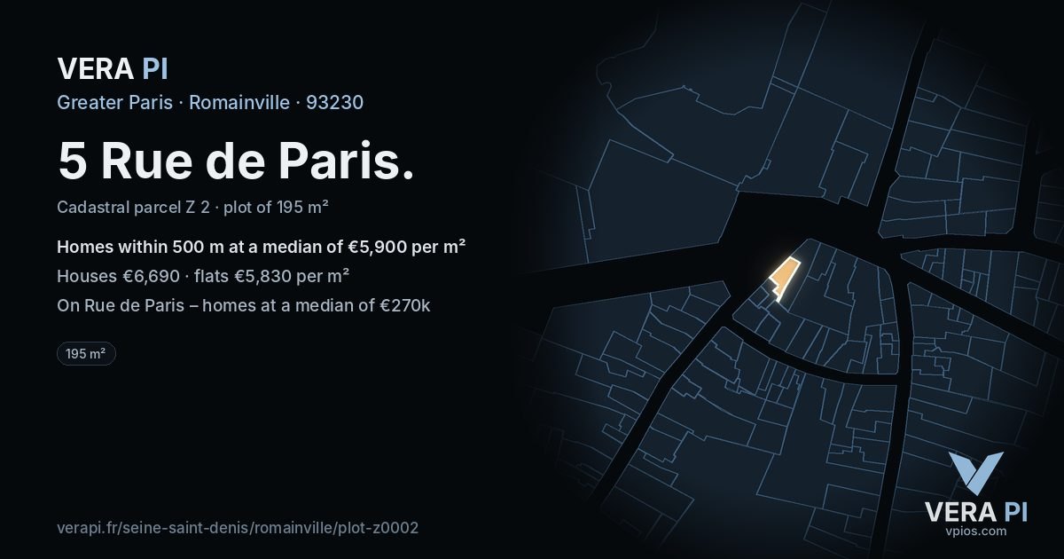 5 Rue de Paris, Romainville at night – the plot lit, the parcels around coloured by the prices near them