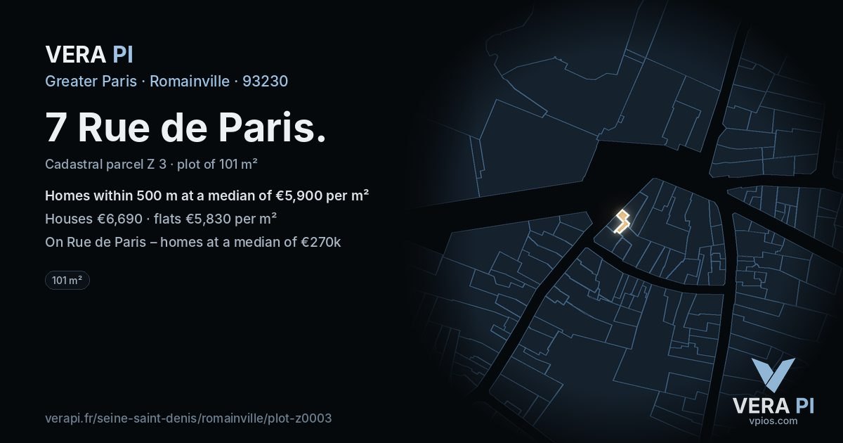 7 Rue de Paris, Romainville at night – the plot lit, the parcels around coloured by the prices near them