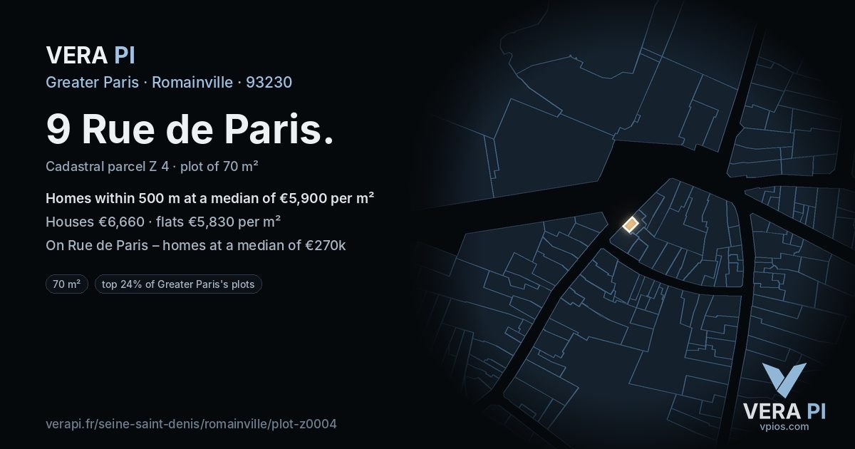 9 Rue de Paris, Romainville at night – the plot lit, the parcels around coloured by the prices near them