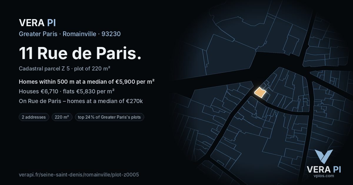11 Rue de Paris, Romainville at night – the plot lit, the parcels around coloured by the prices near them