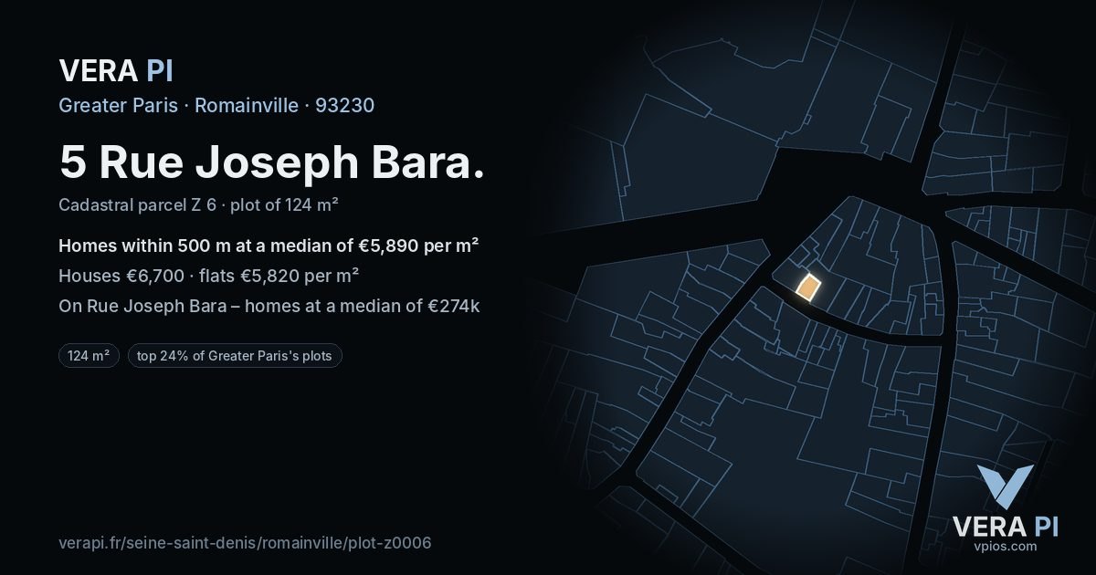 5 Rue Joseph Bara, Romainville at night – the plot lit, the parcels around coloured by the prices near them