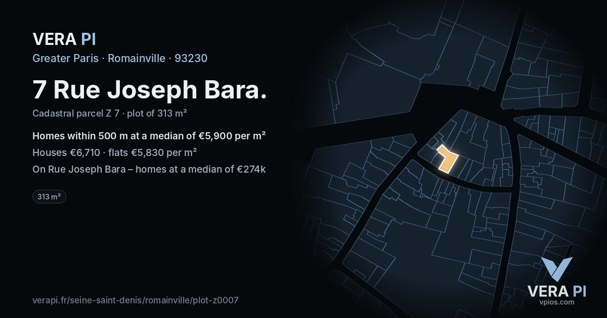 7 Rue Joseph Bara, Romainville at night – the plot lit, the parcels around coloured by the prices near them