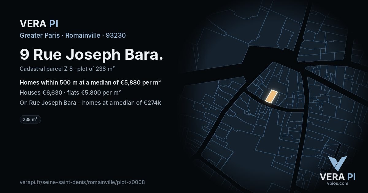 9 Rue Joseph Bara, Romainville at night – the plot lit, the parcels around coloured by the prices near them