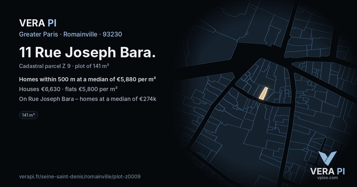 11 Rue Joseph Bara, Romainville at night – the plot lit, the parcels around coloured by the prices near them