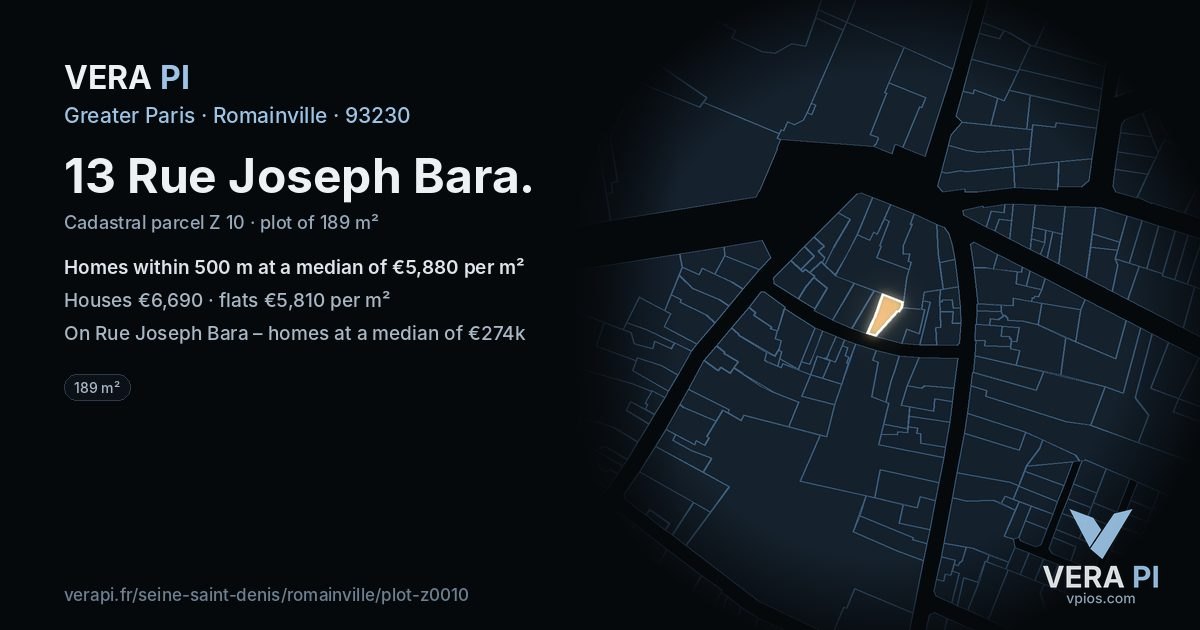 13 Rue Joseph Bara, Romainville at night – the plot lit, the parcels around coloured by the prices near them
