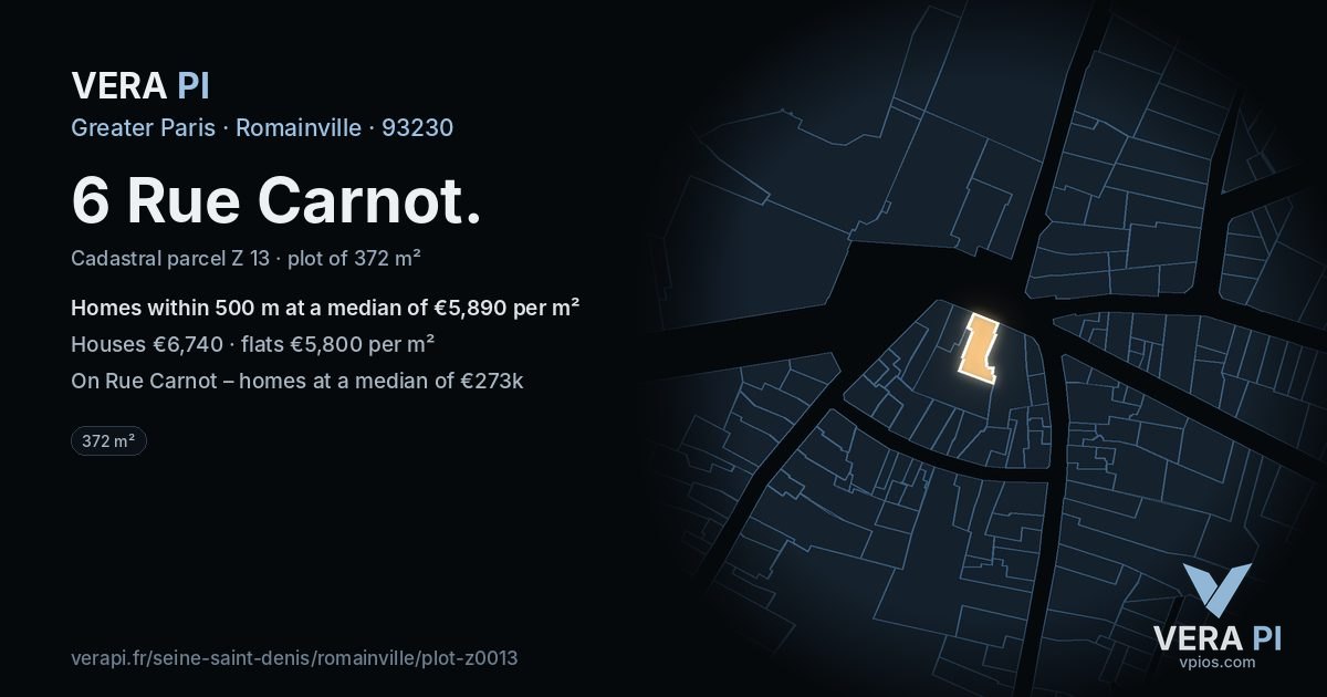6 Rue Carnot, Romainville at night – the plot lit, the parcels around coloured by the prices near them