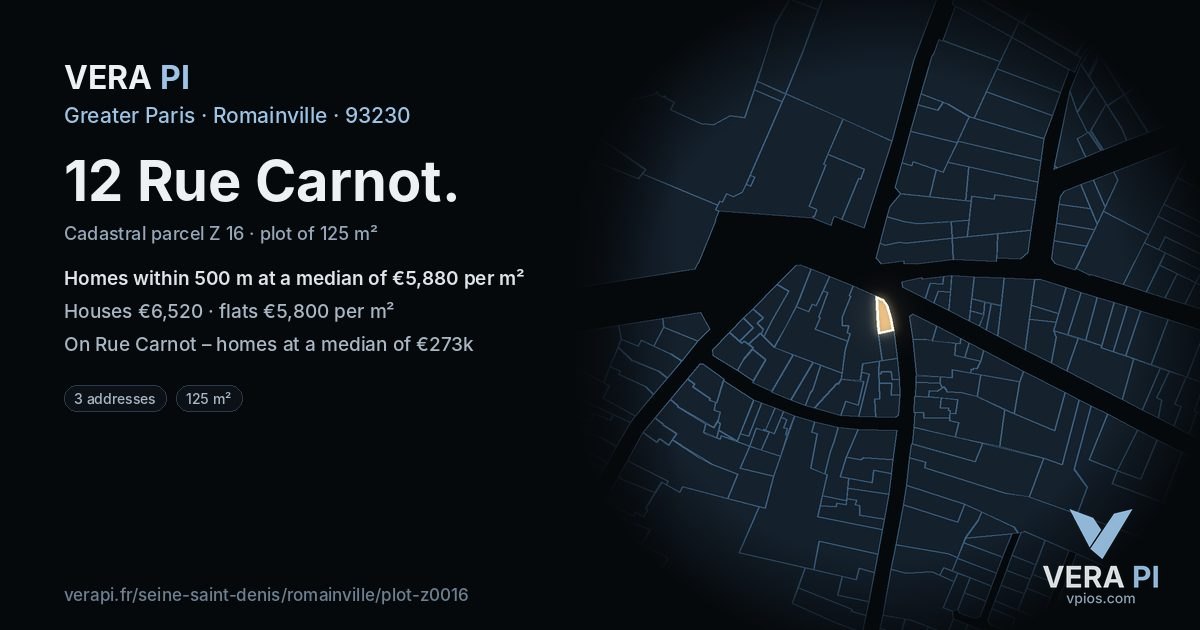12 Rue Carnot, Romainville at night – the plot lit, the parcels around coloured by the prices near them