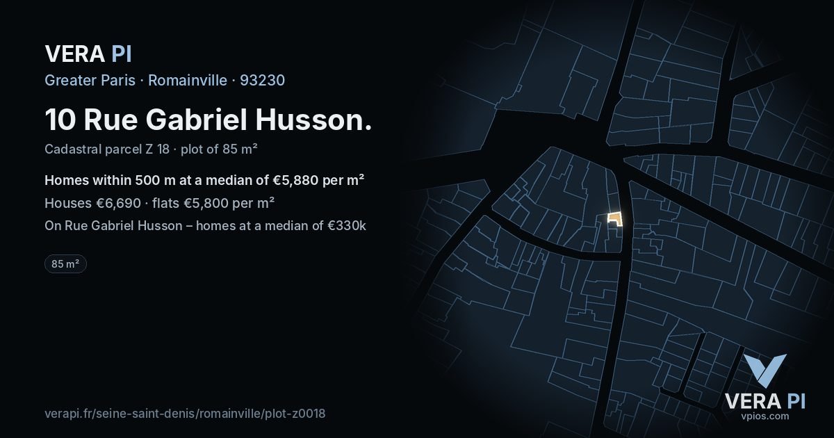 10 Rue Gabriel Husson, Romainville at night – the plot lit, the parcels around coloured by the prices near them